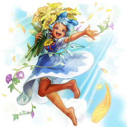 Rule 34 | artist name, barefoot, blue bow, blue dress, blue eyes, blue hair, bow, cirno, dated, dress, feet, flower, full body, hidden star in four seasons, holding, holding flower, ice, ice wings, leaf, mame usagi, open mouth, plant, short eyebrows, smile, solo, sunflower, tan, tanned cirno, thick eyebrows, throwing, touhou, vines, wings
