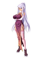 Rule 34 | 1girl, blue eyes, boots, breasts, china dress, chinese clothes, crossed arms, detached sleeves, dress, female focus, full body, garter belt, garter straps, highres, hikage eiji, koihime musou, kougai, large breasts, long hair, official art, ponytail, silver hair, smile, solo, standing, thighhighs, transparent background, very long hair