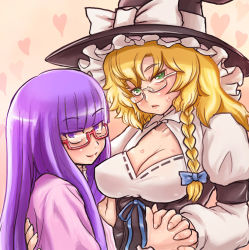 Rule 34 | 2girls, bespectacled, black headwear, blonde hair, blue bow, blunt bangs, blush, bow, braid, breasts, cleavage, cleavage cutout, closed mouth, clothing cutout, commentary request, cookie (touhou), dress, glasses, green eyes, hair bow, hat, hat bow, heart, heart background, holding hands, interlocked fingers, kirisame marisa, long hair, looking at viewer, mars (cookie), medium breasts, multiple girls, otemoto (baaaaloooo), patchouli knowledge, purple dress, purple eyes, purple hair, red-framed eyewear, semi-rimless eyewear, side braid, single braid, smile, taisa (cookie), touhou, under-rim eyewear, underbust, upper body, white bow, white dress, witch hat, yuri