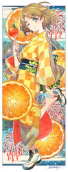 Rule 34 | 1girl, adjusting footwear, argyle, argyle clothes, argyle kimono, blush, brown eyes, brown hair, closed mouth, commentary request, food, from side, fruit, highres, japanese clothes, kimono, looking at viewer, momiji mao, obi, one eye closed, orange (fruit), original, sash, shoes, short hair, smile, sneakers, solo, standing, standing on one leg, wide sleeves