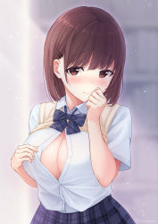 Rule 34 | 1girl, blue skirt, blush, bow, bowtie, breasts, brown eyes, brown hair, cleavage, closed mouth, collared shirt, hair ornament, hairclip, hand up, hicha nomu, highres, large breasts, looking at viewer, mole, mole on breast, original, partially unbuttoned, plaid, plaid skirt, pleated skirt, school uniform, shirt, shirt tucked in, short hair, short sleeves, skirt, solo, striped bow, striped bowtie, striped clothes, striped neckwear, sweater vest, twitter username, upper body, white shirt