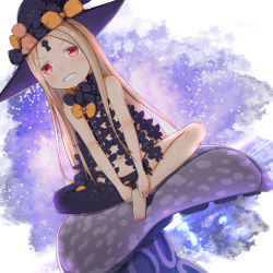 Rule 34 | 1girl, abigail williams (fate), abigail williams (second ascension) (fate), bare legs, barefoot, black bow, black hat, black panties, black thighhighs, blonde hair, bow, commentary request, dutch angle, fate/grand order, fate (series), grin, hat, hat bow, highres, long hair, looking at viewer, navel, no shoes, orange bow, panties, parted bangs, polka dot, polka dot bow, revealing clothes, single thighhigh, sitting, smile, solo, stuffed animal, stuffed toy, su guryu, suction cups, teddy bear, tentacles, thighhighs, topless, underwear, v-shaped eyebrows, very long hair, witch hat
