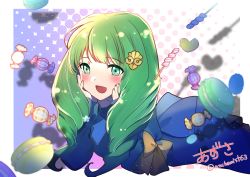 Rule 34 | 1girl, :d, absurdres, azusa (azchemist63), blush, candy, drill hair, fire emblem, fire emblem: three houses, flayn (fire emblem), food, green eyes, green hair, hair ornament, hairclip, hands on own face, highres, long hair, looking at viewer, lying, macaron, nintendo, on stomach, open mouth, smile, solo, twin drills, twitter username