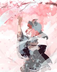 Rule 34 | 1girl, blue hat, blue kimono, cherry blossoms, commentary request, dappled sunlight, flower, frills, from side, hand up, hat, highres, japanese clothes, kerok (joniko1110), kimono, long sleeves, mob cap, one-hour drawing challenge, pink background, pink hair, reaching, saigyouji yuyuko, short hair, solo, sunlight, touhou, triangular headpiece, upper body, wide sleeves