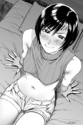 Rule 34 | 1girl, bare shoulders, bed, blush, breasts, covered erect nipples, final fantasy, final fantasy vii, fingerless gloves, gloves, greyscale, headband, looking at viewer, looking up, medium breasts, midriff, monochrome, navel, open clothes, open fly, open shorts, pillow, sgk, short hair, shorts, sitting, sleeveless, smile, solo, yuffie kisaragi