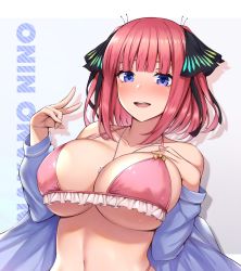 Rule 34 | 1girl, :d, bikini, black ribbon, blue shirt, blunt bangs, blush, bow, bow bra, bra, breasts, butterfly hair ornament, character name, cleavage, commentary request, eyelashes, frilled bikini, frilled bra, frills, go-toubun no hanayome, gradient background, hair ornament, halterneck, hand on own chest, hands up, highleg, highleg bikini, highleg panties, highres, kannko bokujou, large breasts, long hair, long sleeves, looking at viewer, nakano nino, navel, open clothes, open mouth, open shirt, panties, pink bra, pink hair, pink panties, ribbon, shirt, smile, solo, stomach, string bikini, string panties, swimsuit, teeth, two side up, underwear, upper teeth only, v, yellow bow