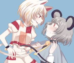 Rule 34 | 2girls, animal ears, bell, black neckwear, black wristband, blue background, blue cape, blush, cape, cat ears, cat tail, dress, goutokuji mike, grey dress, grey hair, hand on own hip, hand up, highres, long sleeves, looking at another, mouse ears, mouse tail, multicolored clothes, multicolored shirt, multicolored shorts, multiple girls, nazrin, neck bell, open mouth, puffy short sleeves, puffy sleeves, red eyes, shirt, short hair, short sleeves, shorts, simple background, smile, t-shirt, tail, teeth, toraneko 2, touhou, unconnected marketeers, white hair, white shirt, white shorts, wristband, yuri