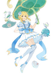 Rule 34 | 1girl, :d, alternate costume, blonde hair, brown eyes, commentary, cup, dress, flower, frilled dress, frills, full body, fungi (genshin impact), genshin impact, gloves, hair flower, hair ornament, highres, holding, holding umbrella, improvised umbrella, knees together feet apart, looking at viewer, lumine (genshin impact), open mouth, over-kneehighs, puffy short sleeves, puffy sleeves, saucer, short dress, short hair with long locks, short sleeves, simple background, smile, socks, solo, suspenders, teacup, teapot, thighhighs, thighs, umbrella, upper body, white background, white dress, white flower, white gloves, white socks, yaner 10