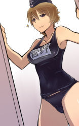 Rule 34 | 10s, 1girl, brave witches, brown eyes, brown hair, em (totsuzen no hakike), hat, name tag, one-piece swimsuit, school swimsuit, short hair, solo, strike witches, swimsuit, translated, waltrud krupinski, world witches series