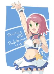 Rule 34 | 1girl, absurdres, alternate breast size, anniversary, arm up, artist request, bare arms, bare shoulders, breasts, copyright name, crop top, frilled bracelet, green eyes, sonia strumm (mega man), highres, holding, holding microphone, idol, microphone, midriff, miniskirt, navel, open mouth, purple hair, mega man (series), mega man star force, short hair, skirt, sleeveless, solo, thighhighs, zettai ryouiki