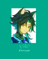 Rule 34 | 1boy, absurdres, ahoge, animal ears, bead necklace, beads, black hair, cat ears, character name, closed mouth, genshin impact, green background, green hair, highres, jewelry, male focus, multicolored hair, necklace, suzushi, xiao (genshin impact), yellow eyes