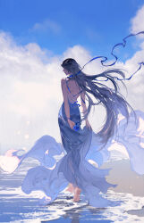 Rule 34 | 1girl, backless dress, backless outfit, bare back, bare shoulders, barefoot, beach, black hair, blue dress, blue flower, blue sky, cloud, day, dress, floating hair, flower, from behind, holding, holding clothes, holding dress, holding flower, ibuki satsuki, long hair, necktie, original, outdoors, sand, sky, sleeveless, sleeveless dress, solo, very long hair, walking, water