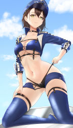 Rule 34 | 1girl, absurdres, azur lane, baltimore (azur lane), baltimore (finish line flagbearer) (azur lane), bikini, bikini bottom pull, black bikini, black choker, blue bikini, blue footwear, blue hat, blue jacket, blue shorts, blue sky, boots, braid, breasts, brown hair, chest harness, choker, cleavage, closed mouth, cloud, collarbone, commentary request, cropped jacket, day, french braid, hair between eyes, hand on own thigh, harness, hat, highleg, highleg bikini, highres, jacket, kneeling, looking at viewer, medium breasts, micro shorts, mismatched bikini, navel, o-ring, official alternate costume, on vehicle, open clothes, open jacket, partial commentary, peaked cap, race queen, sawtooth, short hair, shorts, sidelocks, skindentation, sky, smile, solo, stomach, swimsuit, thigh boots, thigh strap, underboob, underbust, yellow eyes