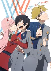 Rule 34 | 10s, 2boys, 2girls, ;p, blue hair, darling in the franxx, glasses, gorou (darling in the franxx), green eyes, highres, hiro (darling in the franxx), ichigo (darling in the franxx), licking, long hair, looking back, makicha (sasurainopink), multiple boys, multiple girls, one eye closed, pantyhose, pink hair, sandwiched, short hair, simple background, tongue, tongue out, uniform, white background, zero two (darling in the franxx)