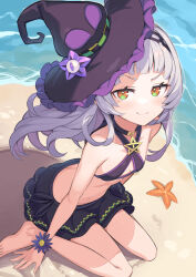 Rule 34 | 1girl, beach, bikini, black bikini, black hairband, black headwear, breasts, brown eyes, closed mouth, commentary request, hairband, hat, highres, hololive, long hair, looking at viewer, murasaki shion, murasaki shion (hololive summer 2019), sand, small breasts, smile, solo, swimsuit, tam-u, virtual youtuber, water, witch hat, yellow eyes