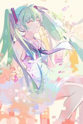 Rule 34 | 1girl, blue necktie, closed eyes, commentary, dress, english commentary, feet out of frame, flower, green hair, hair ornament, hatsune miku, highres, long hair, lunar (lunar 815), necktie, parted lips, sleeveless, sleeveless dress, solo, twintails, very long hair, vocaloid, white dress