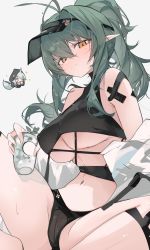 Rule 34 | 2girls, ahoge, arknights, armpit crease, bad id, bad pixiv id, bare shoulders, bikini, black bikini, blush, breasts, chibi, closed mouth, covered erect nipples, covering own mouth, cup, floating hair, gavial (arknights), green hair, grey background, groin, hair between eyes, hair ornament, hair over one eye, hairclip, hat, highres, holding, holding cup, hood, hoodie, large breasts, light smile, long hair, looking at viewer, midriff, mikozin, multiple girls, navel, official alternate costume, pointy ears, ponytail, sidelocks, simple background, sitting, slit pupils, sparkle, sweat, swimsuit, thighs, tomimi (arknights), underboob, visor cap, yellow eyes