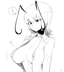 Rule 34 | 1girl, alternate breast size, antennae, breasts, cleavage, female focus, greyscale, heart, large breasts, monochrome, no bra, open clothes, open shirt, shirt, simple background, solo, spacezin, touhou, upper body, white background, wriggle nightbug