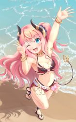 Rule 34 | 1girl, ;d, beach, bikini, blue eyes, blush, breasts, cleavage, highres, horns, one eye closed, open mouth, pink hair, princess connect!, shadow, smile, suzuna (princess connect!), suzuna (summer) (princess connect!), swimsuit, tail, thighhighs, v, water