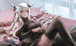 Rule 34 | 1girl, absurdres, ambience synesthesia, arknights, bare shoulders, black dress, black thighhighs, breasts, brown hair, corrupted metadata, dress, hair between eyes, highres, horns, knee up, long hair, long sleeves, looking at viewer, lying, medium breasts, official alternate costume, on back, on bed, parted lips, pillow, pointy ears, shining (arknights), silver hair, sishima, solo, thighhighs, very long hair