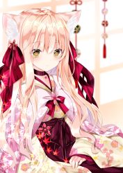 Rule 34 | 1girl, animal ear fluff, animal ears, blurry, blurry background, blush, bow, cat ears, closed mouth, commentary request, depth of field, floral print, flower, hair between eyes, hair bow, hair flower, hair ornament, hakama, hakama skirt, highres, japanese clothes, kimono, light brown hair, long hair, long sleeves, looking at viewer, nanase kureha, nanase nao, original, pink kimono, print kimono, purple hakama, red bow, red flower, sitting, skirt, sleeves past wrists, solo, very long hair, wide sleeves, yellow eyes