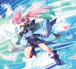 Rule 34 | 1girl, gloves, mouth hold, ninja, pink hair, ryoji (nomura ryouji), scroll, snowflakes, solo, sword, twintails, weapon