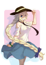 Rule 34 | 1girl, absurdres, adjusting clothes, adjusting headwear, alternate costume, arm up, bangle, bare shoulders, black necktie, blonde hair, blue eyes, blue skirt, bow, bracelet, braid, braided ponytail, breasts, casual, clothing cutout, commentary request, cowboy shot, fate/apocrypha, fate (series), hair bow, hand on headwear, hat, highres, jeanne d&#039;arc (fate), jeanne d&#039;arc (ruler) (fate), jeanne d&#039;arc alter (fate), jewelry, long hair, looking at viewer, medium breasts, necktie, parted lips, pink background, purple bow, shiliuyexiaohei, shirt, short sleeves, shoulder cutout, skirt, smile, solo, standing, tareme, very long hair, white shirt