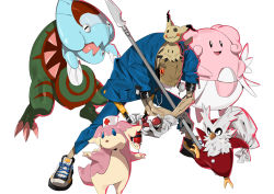 Rule 34 | 1boy, absurdres, audino, bag, bag over head, bent over, blissey, blue pants, blue shirt, creatures (company), crossover, delibird, dracovish, egg, faust (guilty gear), game freak, gen 2 pokemon, gen 5 pokemon, gen 7 pokemon, gen 8 pokemon, gloves, guilty gear, guilty gear strive, hat, highres, holding, holding poke ball, makai, male focus, mimikyu, nintendo, nurse cap, on head, pants, paper bag, poke ball, pokemon, pokemon (creature), polearm, shirt, shoes, simple background, sneakers, stethoscope, syringe, weapon, white background, white gloves