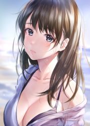 Rule 34 | 1girl, black bra, black hair, blue eyes, blurry, blurry background, blush, bokeh, bra, breasts, character request, cleavage, collarbone, commentary request, copyright request, crying, depth of field, frown, highres, large breasts, long hair, looking at viewer, off shoulder, pout, shirt, sketch, solo, takeashiro, tears, underwear, upper body