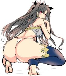 Rule 34 | 1girl, ass, asymmetrical legwear, back, bad id, bad twitter id, bare arms, bare back, bare legs, bare shoulders, barefoot, black hair, black ribbon, blue thighhighs, blush, breasts, closed mouth, crown, curvy, earrings, fate/grand order, fate (series), feet, female focus, full body, hair ribbon, hikareru2000, hoop earrings, huge ass, ishtar (fate), jewelry, leaning, leaning forward, legs, long hair, looking at viewer, looking back, medium breasts, midriff, panties, parted bangs, red eyes, revealing clothes, ribbon, rihito akane, simple background, single bare arm, single thighhigh, solo, squatting, strapless, sweat, thick thighs, thighhighs, thighlet, thighs, tiptoes, toeless legwear, toes, tohsaka rin, two side up, type-moon, underwear, uneven legwear, white background, white panties