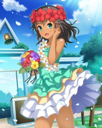 Rule 34 | 1girl, :d, absurdres, bad id, bad pixiv id, bell, blue eyes, blue sky, blush, cloud, dark-skinned female, dark skin, day, dress, flower, flower necklace, green dress, green eyes, hair flower, hair ornament, hand up, hibiscus, highres, holding, holding flower, idol wars z, jewelry, lei, looking at viewer, medium hair, necklace, open mouth, outdoors, show100000, sky, smile, standing, third-party source, tree, wind, wind lift