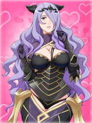 Rule 34 | 1girl, armor, blush, breasts, camilla (fire emblem), cleavage, cowboy shot, fire emblem, fire emblem fates, groin, hair over one eye, heart, highres, large breasts, legs, long hair, looking at viewer, nintendo, parted lips, purple eyes, purple hair, simple background, solo, standing, thighs, yuki (12cut)