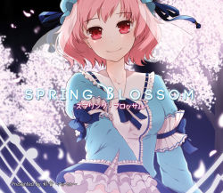 Rule 34 | 1girl, album cover, bad id, bad pixiv id, cherry blossoms, cover, dress, frills, hat, looking at viewer, mob cap, monicanc, musical note, neck ribbon, petals, pink hair, red eyes, ribbon, saigyouji yuyuko, short hair, smile, solo, touhou, upper body, wide sleeves