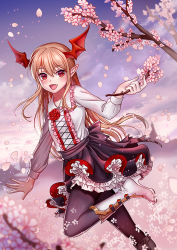 Rule 34 | 1girl, 4b, :d, black pantyhose, black skirt, blonde hair, blue sky, boots, cherry blossoms, cloud, day, dutch angle, floating hair, flower, frilled skirt, frills, hair between eyes, head wings, high heel boots, high heels, holding, leg up, long hair, open mouth, outdoors, outstretched arms, pantyhose, pink flower, pointy ears, red eyes, red flower, red wings, shadowverse, shirt, skirt, sky, smile, solo, standing, standing on one leg, vampy, very long hair, white footwear, white shirt, wings