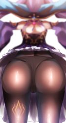 Rule 34 | 1girl, absurdres, artist request, ass, ass focus, bare shoulders, cameltoe, detached sleeves, dress, flying, from behind, from below, genshin impact, highres, huge ass, keqing (genshin impact), long hair, pantyhose, ass, purple hair, shiny clothes, short dress, skirt, solo, thong, thong under pantyhose, twintails, very long hair, vision (genshin impact)