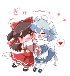 Rule 34 | 2girls, apron, blush, bow, braid, brown eyes, brown hair, detached sleeves, flying sweatdrops, frilled bow, frilled hair tubes, frills, grey hair, hair bow, hair tubes, hakurei reimu, heart, highres, hug, izayoi sakuya, long hair, long sleeves, maid, maid apron, maid headdress, multiple girls, nontraditional miko, one-hour drawing challenge, open mouth, red bow, red skirt, red vest, ribbon-trimmed sleeves, ribbon trim, sash, simple background, skirt, spoken blush, spoken heart, standing, sweatdrop, tanikake yoku, touhou, twin braids, vest, white background, white sash, yuri