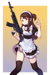Rule 34 | 1girl, alternate costume, assault rifle, asymmetrical bangs, enmaided, gun, highres, kagari atsuko, little witch academia, maid, outside border, rifle, solo, thighhighs, thighs, weapon, yellow background