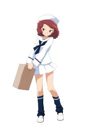 Rule 34 | 1girl, absurdres, bad id, bad twitter id, blouse, blue neckerchief, blue socks, blush, box, commentary request, curly hair, dixie cup hat, full body, girls und panzer, hat, highres, holding, holding box, inactive account, light blush, loafers, long sleeves, looking at viewer, military hat, miniskirt, neckerchief, ogihara mach, ooarai naval school uniform, pleated skirt, print socks, red eyes, red hair, rum (girls und panzer), sailor, sailor collar, school uniform, shirt, shoes, short hair, simple background, single horizontal stripe, skirt, socks, solo, standing, white background, white footwear, white hat, white shirt, white skirt