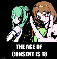 Rule 34 | &gt;:(, &gt;:), 2girls, absurdres, angry, artist name, black background, brown hair, commentary, detached sleeves, english commentary, english text, frog hair ornament, green eyes, hair ornament, highres, japanese clothes, karyodares, kochiya sanae, long hair, meme, miko, multiple girls, red eyes, signature, simple background, son biten, touhou, twintails, unfinished dream of all living ghost, v-shaped eyebrows, white sleeves