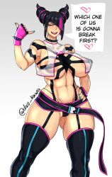 Rule 34 | 1girl, areola slip, breasts, cameltoe, covered erect nipples, duo kawa, english text, hair over one eye, han juri, hand on own hip, heart, large breasts, multicolored hair, see-through, smile, solo, standing, street fighter, thighhighs