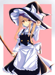 Rule 34 | 1girl, 7saki, :&gt;, absurdres, alternate hairstyle, apron, arm at side, arm up, bad id, bad pixiv id, bamboo broom, black skirt, black vest, blonde hair, blush, border, braid, broom, commentary, cowboy shot, gradient border, grey border, hair between eyes, hair ribbon, hand on headwear, hat, hat ribbon, highres, holding, holding broom, kirisame marisa, light blush, long sleeves, looking at viewer, petticoat, pink background, ribbon, shirt, simple background, single braid, skirt, smile, solo, standing, touhou, tress ribbon, twintails, vest, waist apron, white border, white shirt, witch hat, yellow eyes