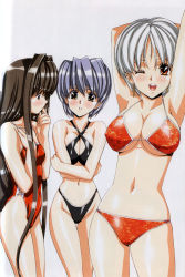 Rule 34 | 3girls, ;d, alpha (urushihara), arm behind head, armpits, arms up, bikini, black bikini, black hair, blue hair, blush, breast envy, breasts, breasts squeezed together, brown eyes, casual one-piece swimsuit, cleavage, covered erect nipples, covered navel, cowboy shot, criss-cross halter, cross-laced clothes, crossed arms, finger to mouth, from side, grin, groin, hair intakes, halterneck, hand on own chest, highleg, highleg swimsuit, highres, huge breasts, large breasts, long hair, looking at breasts, lowleg, lowleg bikini, multiple girls, one-piece swimsuit, one eye closed, open mouth, print bikini, profile, red bikini, red eyes, red one-piece swimsuit, scan, scan artifacts, shiny skin, short hair, sideboob, sidelocks, simple background, skindentation, small breasts, smile, standing, swimsuit, underboob, urushihara satoshi, very long hair, white background, white hair, wink
