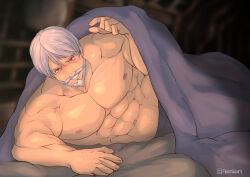 Rule 34 | 1boy, abs, anderson (granblue fantasy), anntee, bara, beard, bed, bed invitation, come hither, facial hair, granblue fantasy, grey hair, highres, large pectorals, looking at viewer, lying, male focus, mature male, muscular, muscular male, mustache, navel, nipples, on bed, on side, pectorals, red eyes, short hair, smile, solo, teeth, topless male, underwear, underwear only