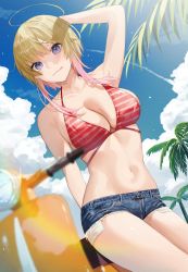 Rule 34 | 1girl, :3, :q, ahoge, arm behind head, arm up, armpits, bare arms, bare shoulders, bekotarou, bikini, blonde hair, blue eyes, blue shorts, blurry, blurry foreground, breasts, cleavage, closed mouth, cutoffs, day, denim, denim shorts, exposed pocket, gradient hair, halterneck, highres, large breasts, looking at viewer, micro shorts, motor vehicle, multicolored hair, navel, original, outdoors, red bikini, scooter, short hair with long locks, short shorts, shorts, smile, solo, stomach, string bikini, striped bikini, striped clothes, sunlight, swimsuit, thighs, tongue, tongue out