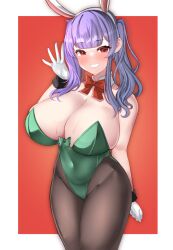 Rule 34 | 1girl, animal ears, azur lane, blush, bow, bowtie, breasts, brown pantyhose, cleavage, covered navel, cowboy shot, detached collar, fake animal ears, green leotard, huge breasts, large breasts, leotard, long hair, looking at viewer, pantyhose, playboy bunny, pola (azur lane), purple hair, rabbit ears, rabbit tail, red background, red eyes, smile, strapless, strapless leotard, tail, tf cafe, traditional bowtie, twintails, white background, wrist cuffs