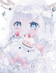 Rule 34 | 1girl, blue eyes, bow, braid, cake, cota666, food, fork, fruit, gem, highres, holding, holding fork, horns, jewelry, looking at viewer, original, solo, strawberry, strawberry shortcake, stuffed animal, stuffed toy, tareme, teddy bear, white hair