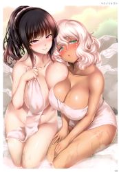 Rule 34 | 2girls, :q, absurdres, areola slip, asymmetrical docking, black hair, blush, breast press, breasts, cleavage, collarbone, covering privates, dark-skinned female, dark skin, green eyes, hair between eyes, highres, huge breasts, large breasts, looking at viewer, multiple girls, naked towel, naughty face, navel, nude cover, onsen, page number, parted lips, pink eyes, ponytail, scan, sidelocks, sitting, smile, soaking feet, steam, tongue, tongue out, toranoana, towel, wet, white hair, yasui riosuke