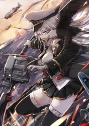 Rule 34 | 1girl, aircraft, airplane, animal on arm, azur lane, bare shoulders, bird, black jacket, black necktie, black skirt, black thighhighs, breasts, collared shirt, commentary request, dutch angle, eagle, enterprise (azur lane), floating hair, gloves, hat, holding, holding sword, holding weapon, jacket, long hair, medium breasts, military hat, necktie, nekoya (liu), ocean, off shoulder, open clothes, open jacket, outdoors, peaked cap, pleated skirt, shirt, silver hair, skirt, sleeveless, sleeveless shirt, solo, sunset, sword, thighhighs, very long hair, water, weapon, white gloves, white hat, white shirt