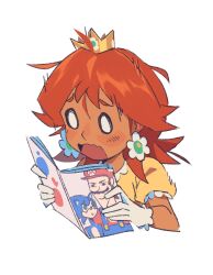Rule 34 | 1girl, brown hair, crown, dark-skinned female, dark skin, earrings, flower earrings, gloves, highres, holding, holding magazine, jewelry, magazine (object), mario, mario (series), medium hair, mini crown, nintendo, o o, open magazine, parted bangs, pornography, princess daisy, simple background, solo, sonic (series), sonic the hedgehog, supsross, surprised, wavy mouth, white gloves, wide-eyed