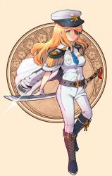 Rule 34 | 1girl, arimura marron, belt, belt buckle, black belt, black footwear, blonde hair, boots, breasts, brown background, buckle, closed mouth, collared shirt, copyright request, cross-laced footwear, dress shirt, epaulettes, eyepatch, full body, green eyes, hair over one eye, hat, highres, holding, holding sword, holding weapon, jacket, jacket on shoulders, lace-up boots, long hair, medium breasts, pants, peaked cap, shirt, solo, sword, weapon, white hat, white jacket, white pants, white shirt
